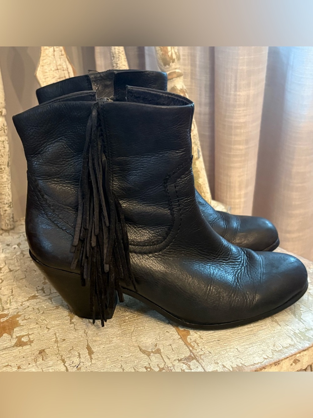 Sam Edelman Womens Louie Zip Ankle Booties Boots 9M Black Distressed Fringe